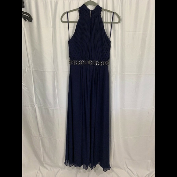 NWT $248 Eliza J Halter Pleated Cross Neck Gown‎ in Navy Blue [SZ 6 ] - Picture 6 of 8